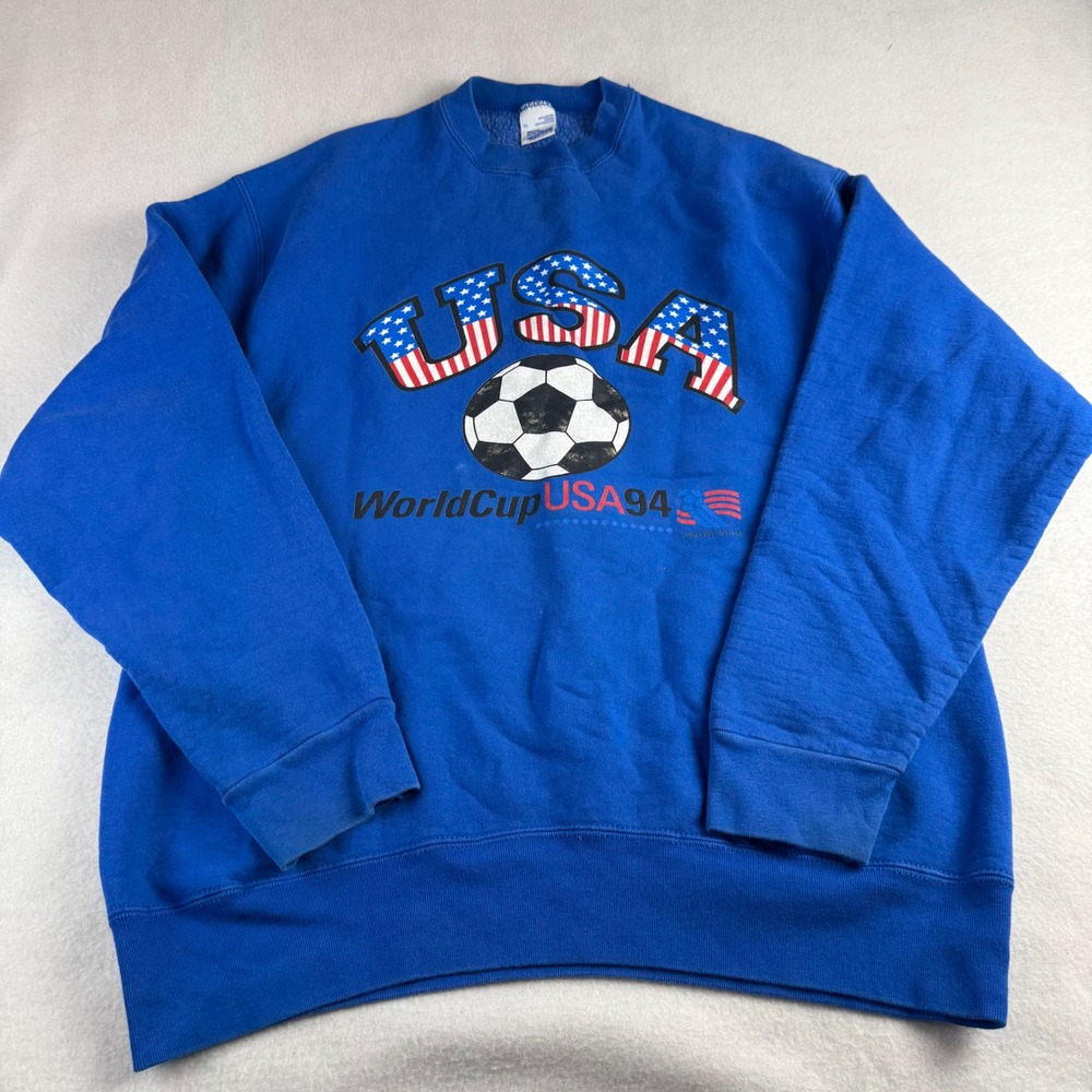 Vintage Salem Sportswear World Cup USA 94 Soccer Crewneck Sweatshirt Blue XL